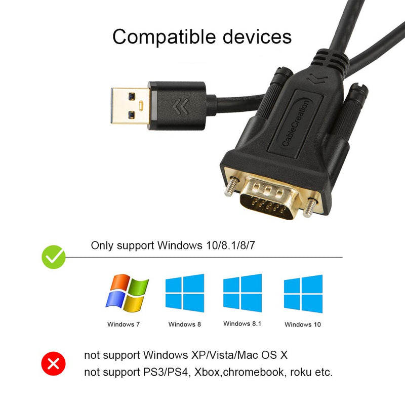 USB 3.0 to VGA Cable 6 Feet, CableCreation USB to VGA Adapter Cord 1080P @ 60Hz, External Video Card, Only Support Windows 10/8.1/8 / 7 (NO XP/Vista/Mac OS X), Black 6Feet