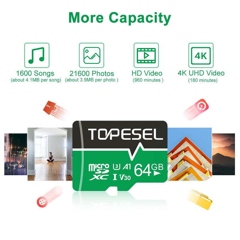 TOPESEL 64GB Micro SD Card 3 Pack Memory Cards U3 V30 Micro SDXC UHS-I TF Card for Camera/Drone/Dash Cam(3 Pack U3 V30 A1 64GB) 3pack