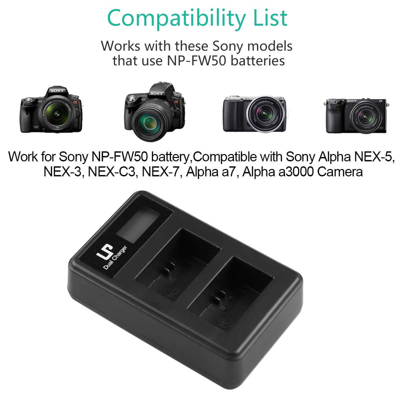 NP-FW50 Dual Slot Battery Charger (LCD Display, USB Port), LP Charger Compatible with Sony Alpha A6000, A6400, A6100, A6300, A6500, A5100, A7, A7 II, A7R, A7R II, A7S, A7S II, RX10, NEX-3/5/7 Series