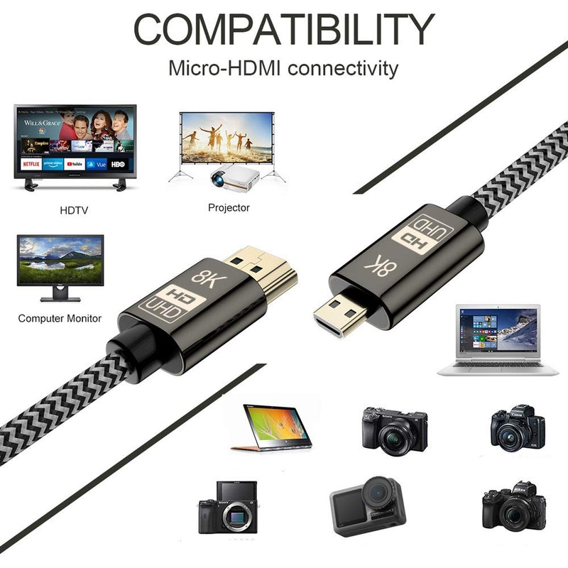 Angusplay Micro HDMI to HDMI Cable Adapter Supports 8K 60Hz for Raspberry Pi 4, GoPro Black Hero 7 6 5 4, Sony Camera A6000 A6300, Nikon B500, Lenovo Yoga 3 Pro 710, Canon EOS M50 (3.3ft) 3.3ft