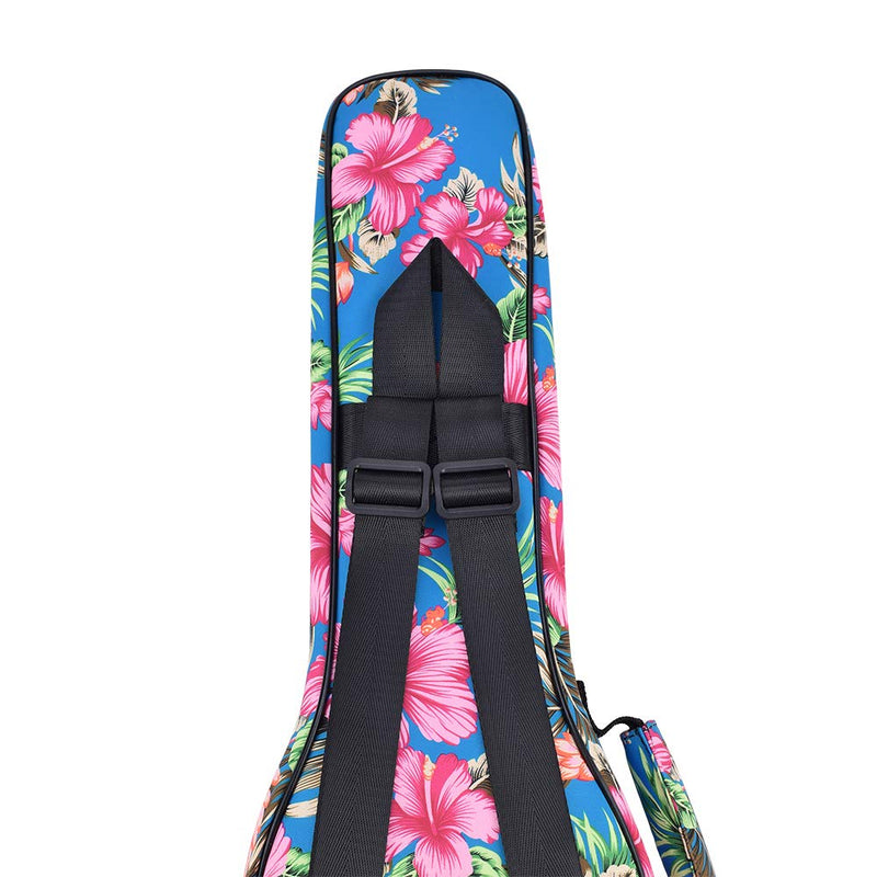 CLOUDMUSIC Hawaiian Hibiscus and Palm Ukulele Case Ukulele Backpack with Black Strap (Soprano, Hawaii Hibiscus and Palm In Light Blue) Soprano