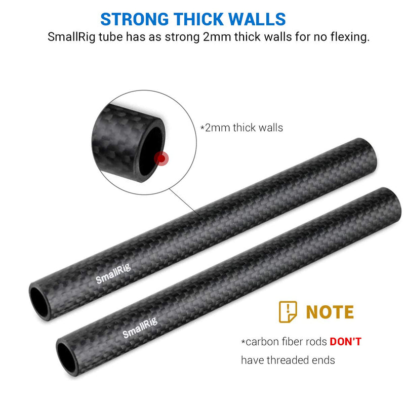 SMALLRIG 15mm Carbon Fiber Rod for 15mm Rod Support System (Non-Thread), 6 inches Long, Pack of 2-1872 Carbon Fiber Rod - 6"