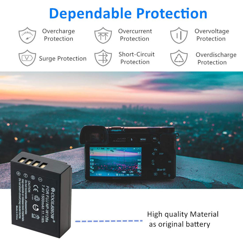 CS COOLSHOW NP-W126 Battery 2 Packs 1500mAh and USB Dual NP-W126S Charger Compatible with Fuji X-T3, X-T2, X-T1,Fujifilm X-A5,X-E3,X-E2,X-E1, X100F,X-H1,X-M1,X-Pro2,X-Pro1,X-T20,X-T10