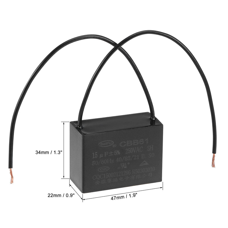 uxcell Ceiling Fan Capacitor CBB61 15uF 250V AC 2 Wires Metallized Polypropylene Film Capacitor 47x34x22mm for Electric Fan Pump Motor Generator 3Pcs