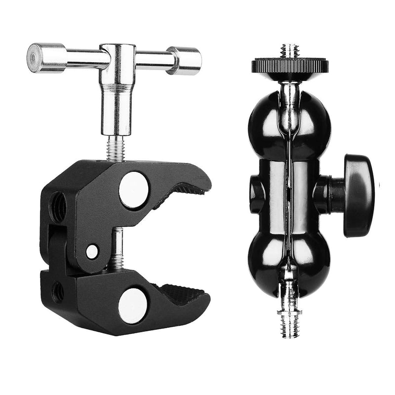 SLOW DOLPHIN Camera Clamp Mount Monitor Mount Bracket Super Clamp w/1/4 and 3/8 Thread with Cool Double Ballhead Arm Adapter Bottom Clamp for for DSLR Camera/Field Monitor/LED