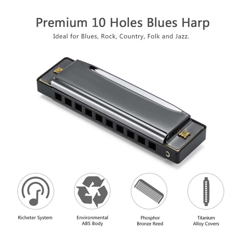 WONYERED10 Hole Blues Diatonic Harp Mouth Harp Blues Harmonica Key of C for Beginers and Gifts for Adults or Kids