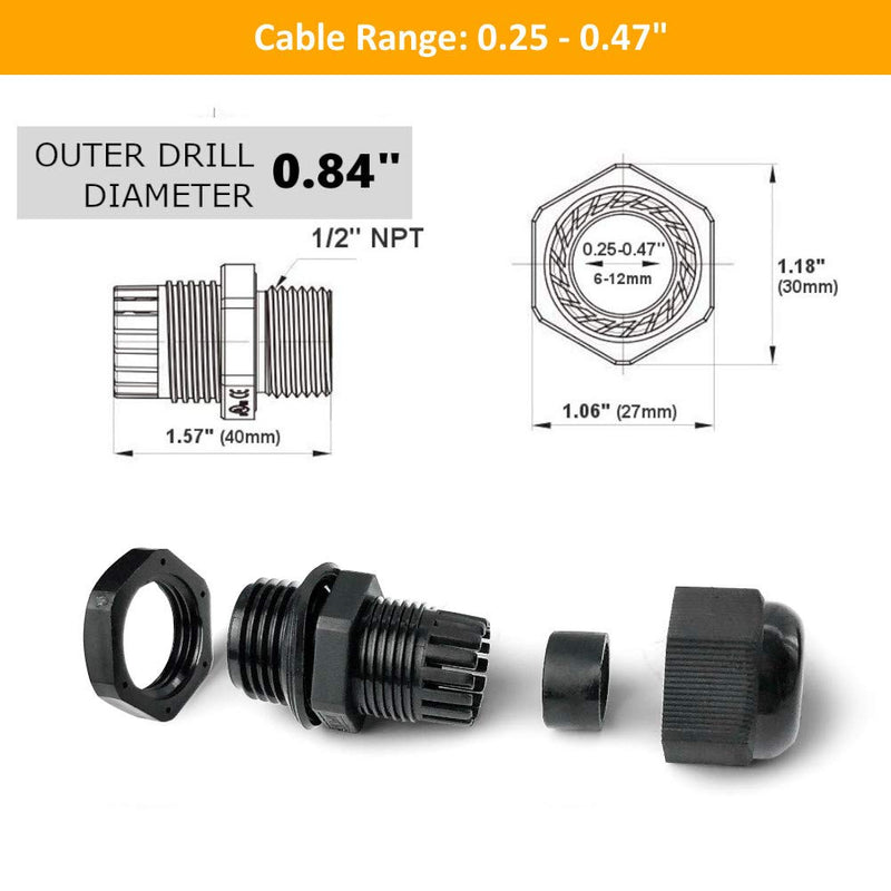 MGI SpeedWare Strain Relief NPT Nylon Cord Grip Cable Glands - 20 Pack (1/2", Black) 1/2 Inch (20-Pack)