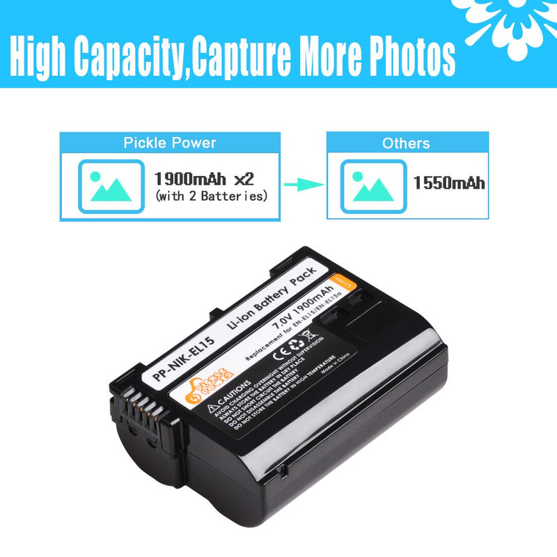 Pickle Power EN-EL15 EN EL15A Batteries and Smart LCD Dual Charger Compatible with Nikon D850, D810, D810A, D800, D800E, D7500, D7200, D7100, D7000, D750, D810, D610, D600, D500, 1v1 Cameras