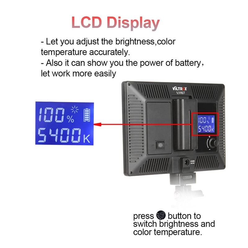 VILTROX L116T On-Camera 3300K-5600K Bi-Color LED Video Light with LCD Display, Dimmable Brightness, CRI 95+ for Conference Podcast Live Broadcast Interview Vlog Lighting (No Batteries)