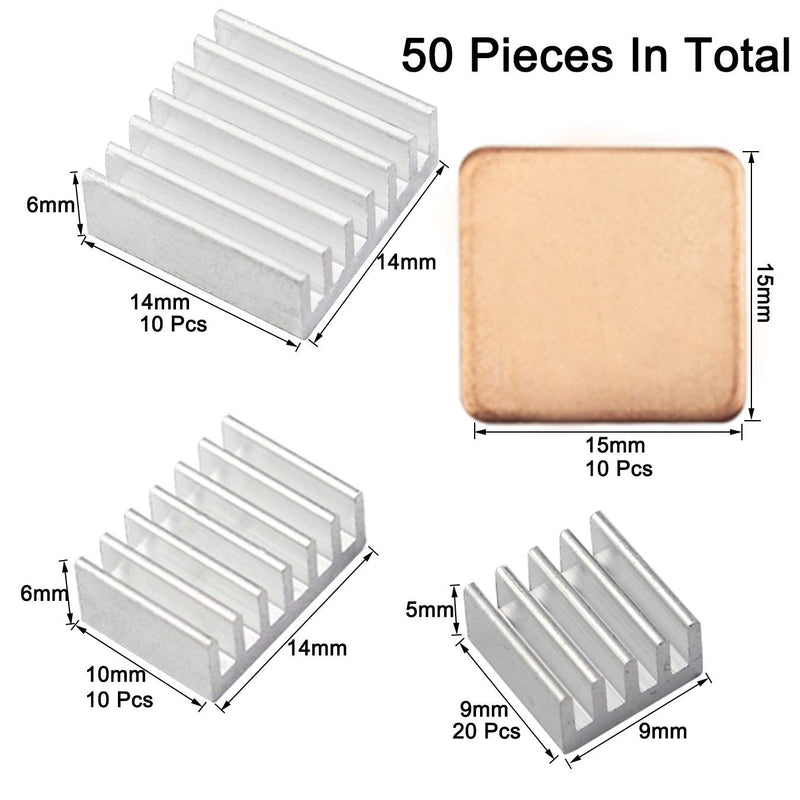 WeiMeet 50 Pieces Heatsinks Aluminum Copper Heatsinks Cooler with Thermal Conductive Adhesive Tape for Raspberry Pi B B+ 2/3/4