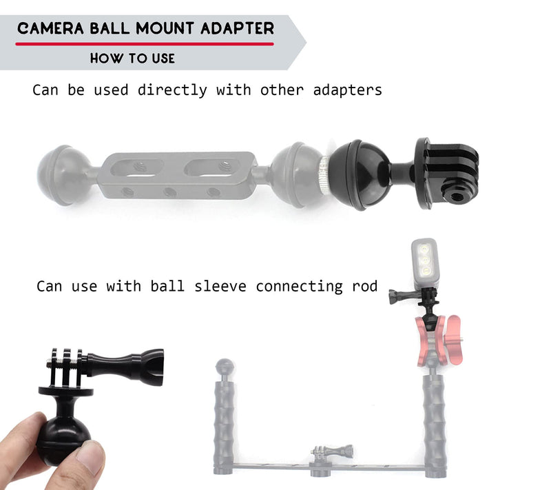 Ball Mount Adapter ,Gopro ram Style Mount for Gopro Full Range Series/Coyote/GitUp/AKASO/SJCAM Sports Camera, Compatible with RAM Style Mounts,Aluminum Alloy Ball Action Camera Bracket(Black) Red Ball Mount Adapter