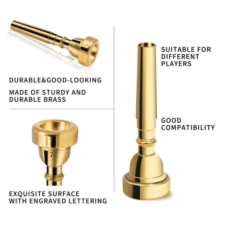 Cheerock 3Pack Trumpet Mouthpiece 3C 5C 7C Trumpet Accessories, Trumpet Mouthpiece Set with High Quality Brass Suitable for Beginners and Professional Players （Gold） gold