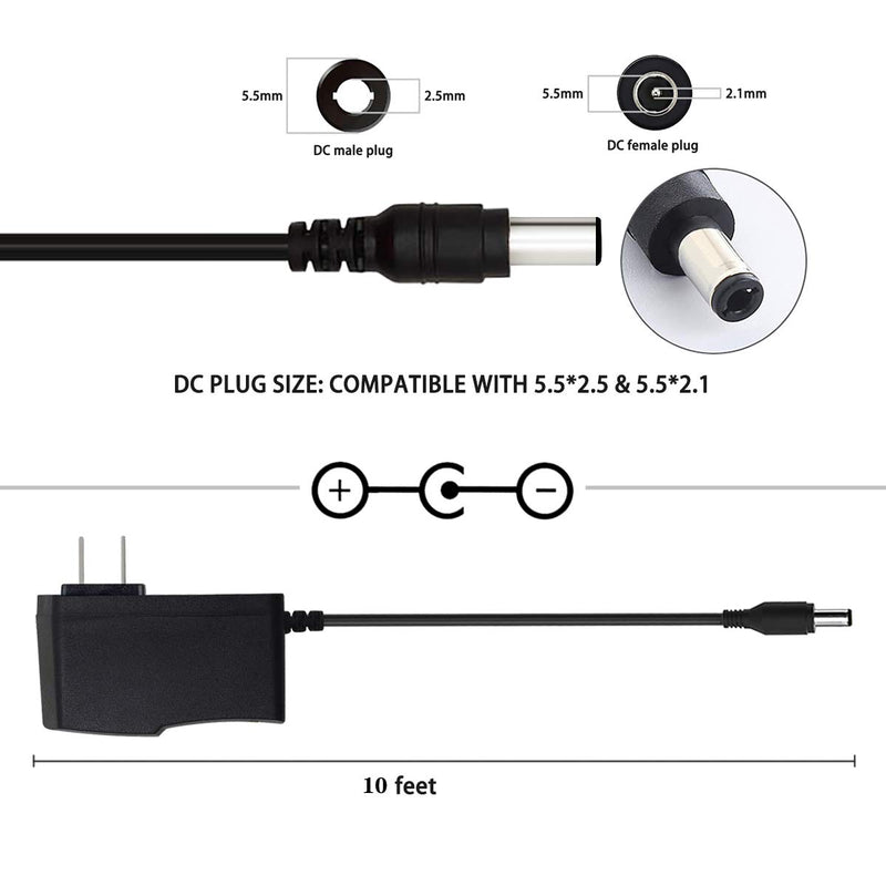 9V AC Power Supply Adapter Compatible with for Boss, Behringer, DigiTech, Jim Dunlop, MXR, Nobels, NUX, Roland, TC Electronic, Xotic, Zoom Effects Guitar pedal Casio keyboard Charger Cable Cord (10ft)