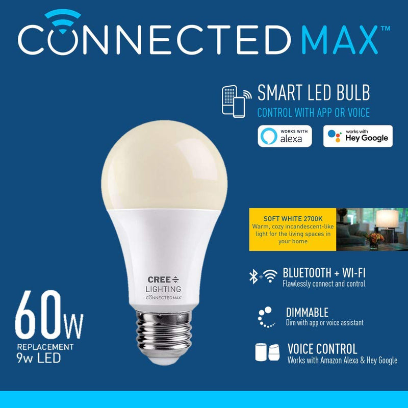 Cree Lighting Connected Max Smart LED Bulb A19 60W Dimmable Soft White 2700K, Works with Alexa and Google Home, No Hub Required, Bluetooth + WiFi, 1pk 1 Pack