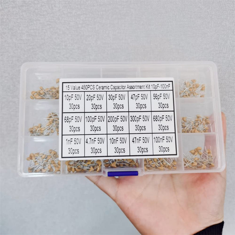15 Values Ceramic Capacitor Assortment Kit Capacitors 450Pcs for DIY Projects Experiments Teaching Range 10pf-10uf