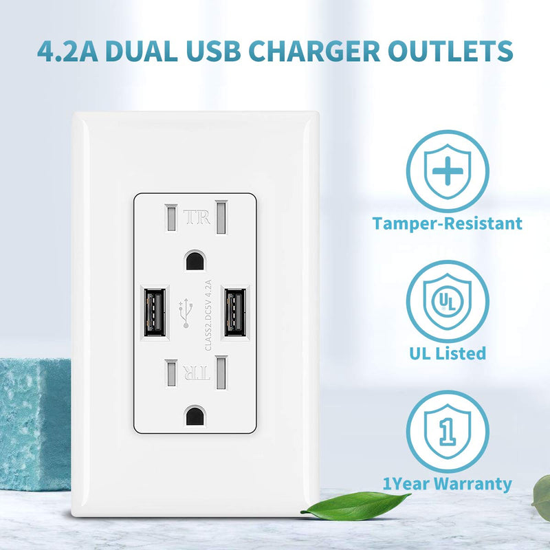 Micmi Outlet with USB High Speed Charger 4.2A Charging Capability, Child Proof Safety Receptacle 15 Amp, Tamper Resistant Wall Socket Plate Included UL Listed U24