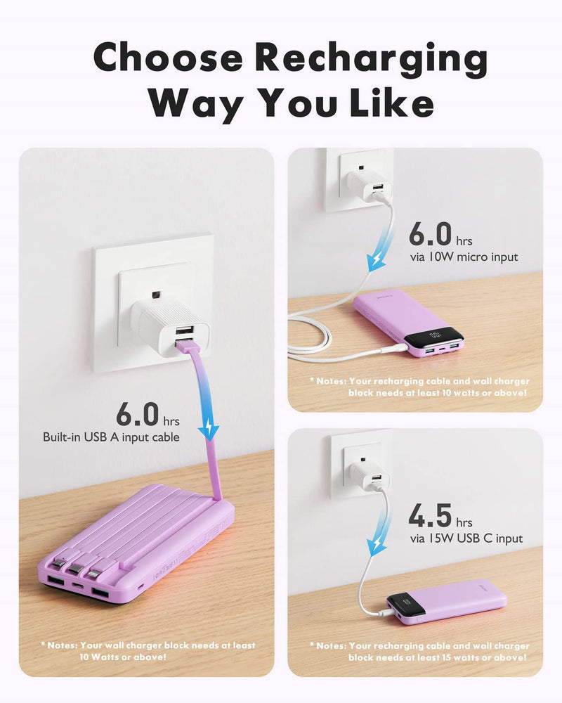 Portable Charger with Built in Cables, Portable Charger with Cords Wires Slim 10000mAh Travel Essentials Battery Pack 6 Outputs 3A High Speed Power Bank for iPhone Samsung Pixel LG Moto iPad D-Purple