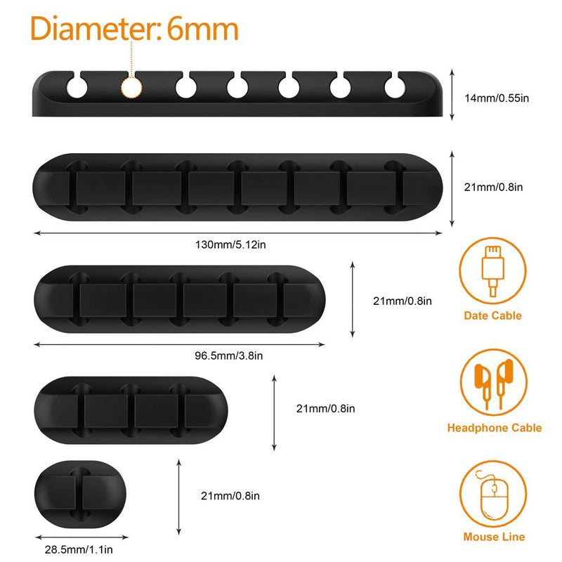 Cable Clips, 5 Packs Cable Management Cord Organizer, Self Adhesive Cord Holder for for USB Cable/Power Cord/Wire, Car and Desk, Home and Office (7-5-3-1-1 Slots) Black