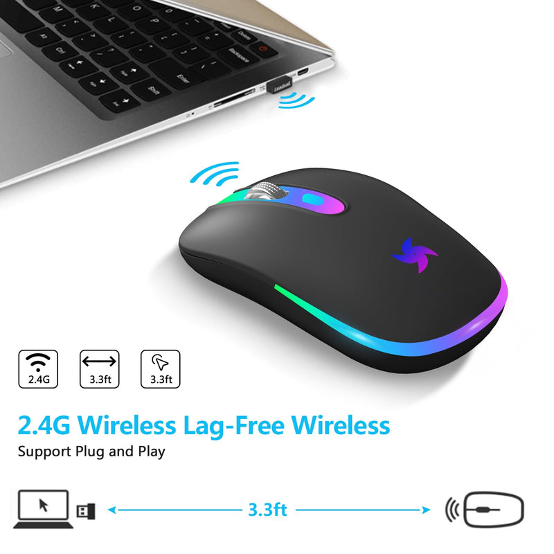 [AUSTRALIA] - HZD LED Wireless Mouse, Slim Silent Rechargeable Mouse, 2.4G Portable USB Optical Mouse with Type C Adapter, 3 Adjustable DPI Levels 1600/1200/800 Computer Mouse for Laptop,PC,MacBook,Notebook Black 