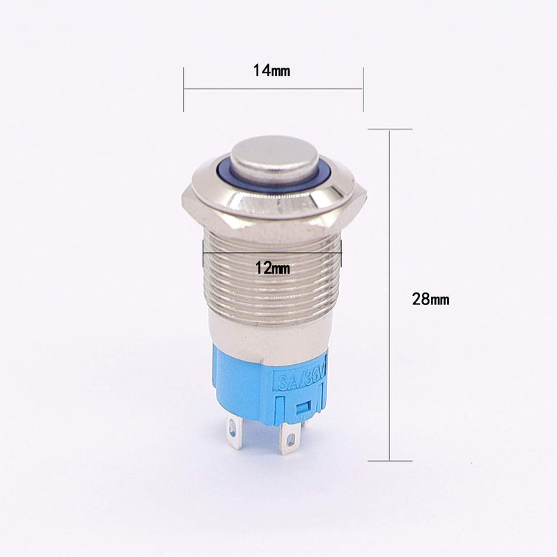 TWTADE 12mm Push Button Switch High-Head Latching Metal Case SPDT ON/Off DC/AC 36V 3A 4Pin with Blue LED Light for Marine Switch GL12-O-T-BU