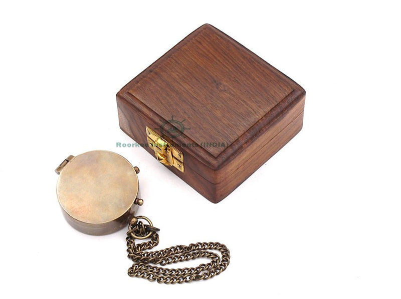 Roorkee Instruments India Engravable Brass Magnetic Compass with Wood Case