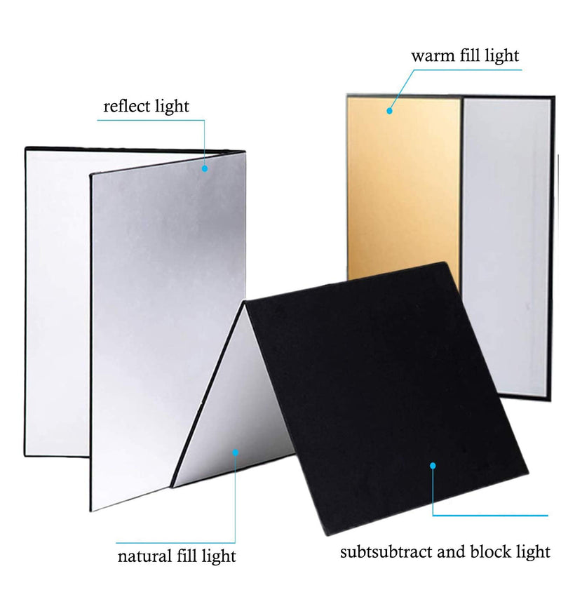 Meking 17x12 Inch 3 in 1 Light Reflector Photography Cardboard, Studio Foldable Light Diffuser Board for Still Life Product and Food Photo Shooting - Gold Silver and Black, White 2 Pack Gold*1+Silver*1