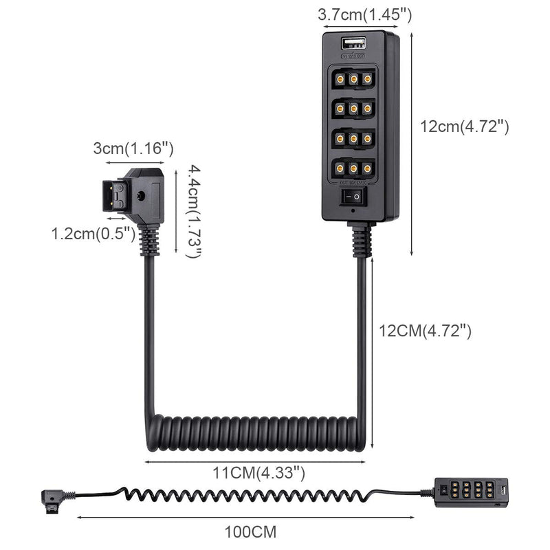 Fomito Dtap Splitter Cable with Power Switch D-tap for V-Mount V-Lock, Gold Mount Battery to 3P x 4 Female Port & USB for LCD Monitor, LED Video Light, BMPCC 4K 6K, ARRI RED Camera and Smartphone