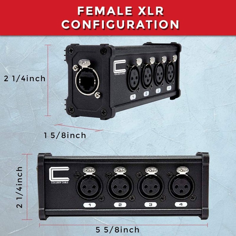 4 Channel 3-Pin XLR Female Adapter to Single Ethercon Cable -Compact Cat6 Multi Network Snake Receiver- For Live Stage, Home Studio Recording- XLR, AES, DMX Channels Over RJ45 Cat5/Cat6 Ethernet Cable Female Box