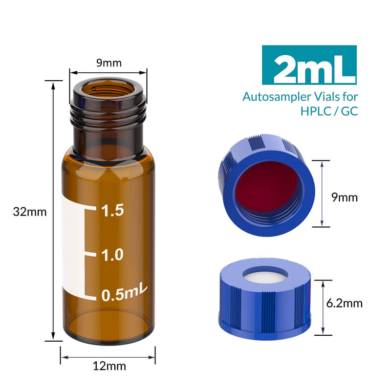 Autosampler Vials, Membrane Solutions 2ml HPLC Vials, 9-425 Lab Amber Vials with Write-on Spot and Graduations, 9mm Blue ABS Screw Caps & Septa for GC Sample Vials, 100 Pcs 100pcs Amber Vial & Red PTFE septa