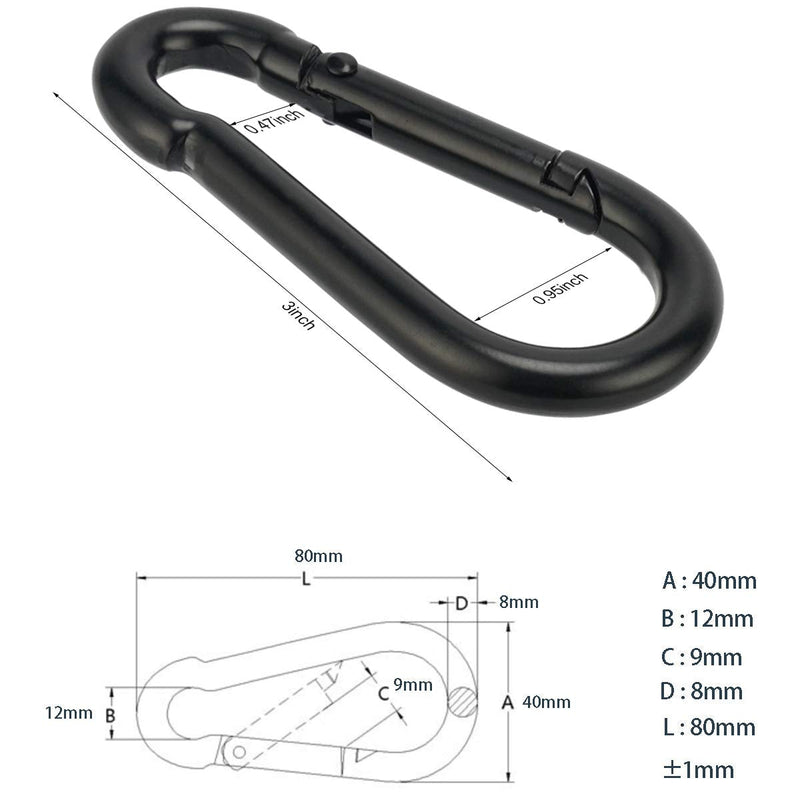 OWAYOTO Carabiner 3 Inch Black Spring Snap Hook Steel Clip Link Buckle Heavy Duty 8x80mm 4pcs for Outdoor Camping Hiking Hammock Swing