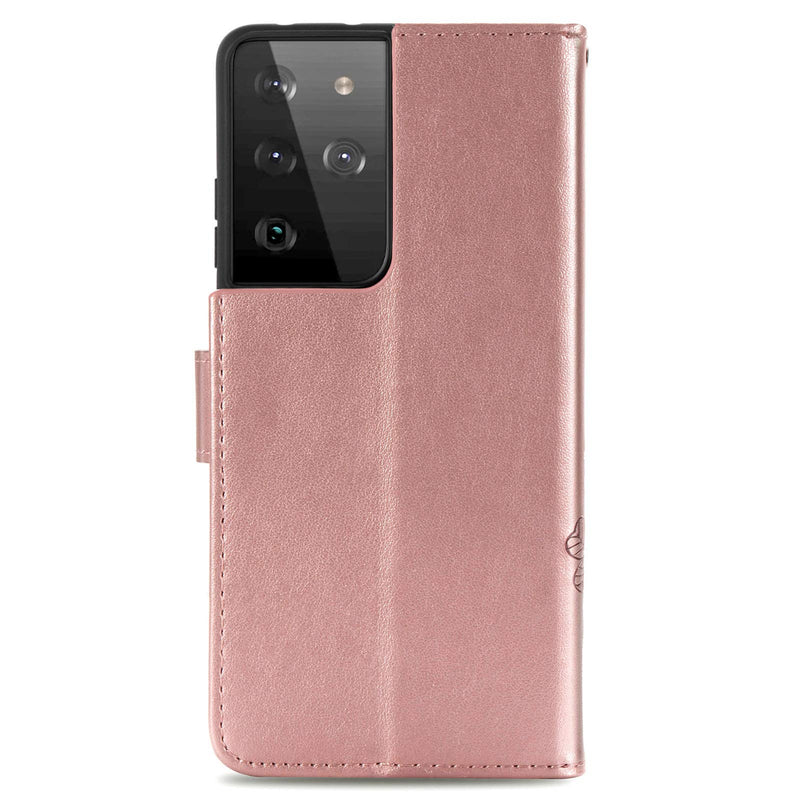 Rose Gold Leather Case for Galaxy S21 Ultra 5G,Strap Wallet Flip Cover for Samsung Galaxy S21 Ultra 5G,Herzzer Classic Pretty Four Leaf Clover Print Magnetic Card Slots Stand Folio Case with Soft TPU Color #5
