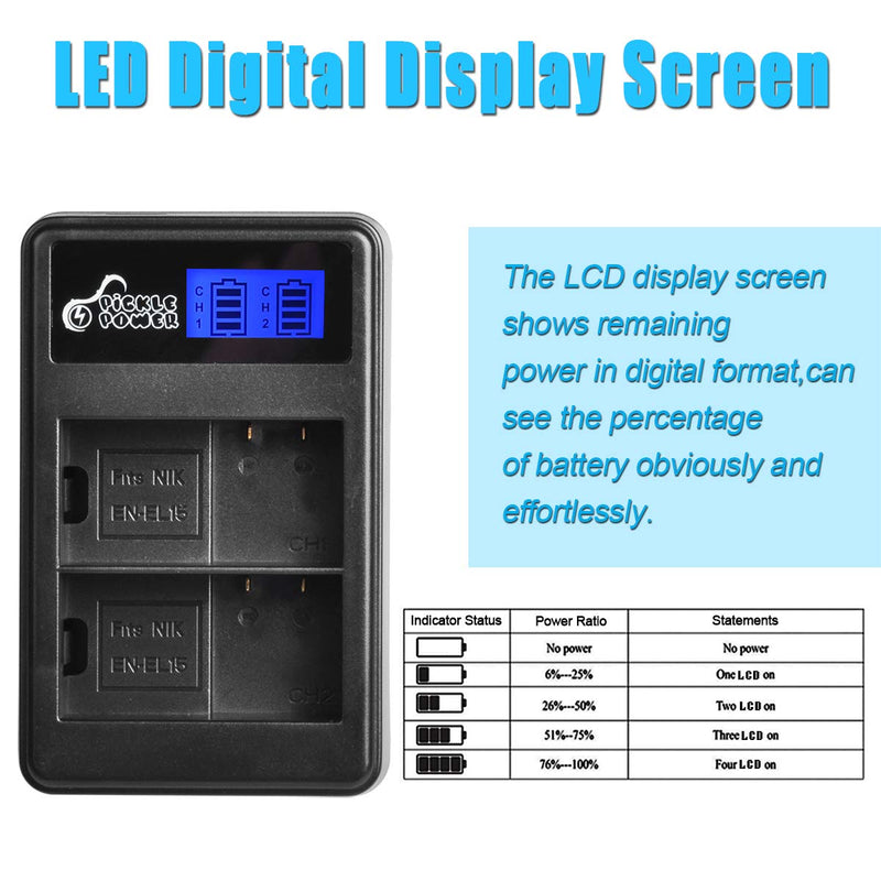 Pickle Power EN-EL15 EN EL15A Batteries and Smart LCD Dual Charger Compatible with Nikon D850, D810, D810A, D800, D800E, D7500, D7200, D7100, D7000, D750, D810, D610, D600, D500, 1v1 Cameras