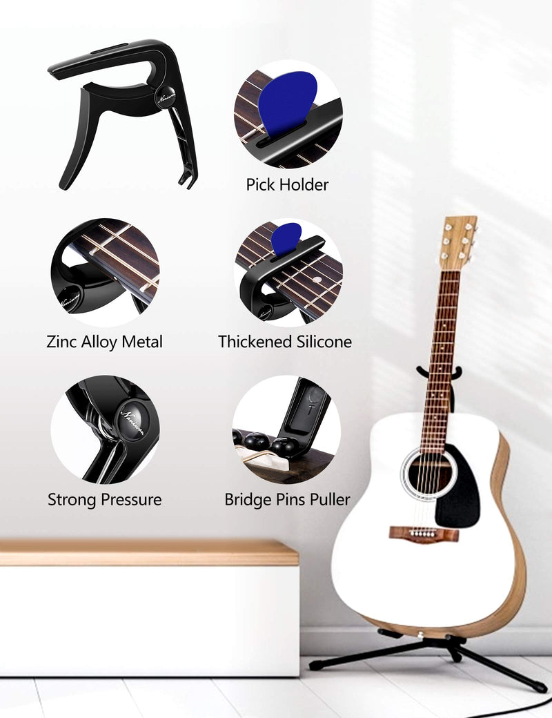 Guitar Capo NANIWAN 3 IN 1 Zinc Alloy Capo for Acoustic Guitar, Electric Guitar, Ukulele, Banjo, Mandolin, Bass guitar with Pick Holder and 3 Picks, Guitar Gifts Black Metallic Black