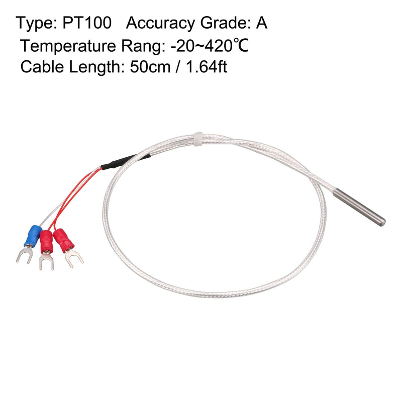 uxcell PT100 RTD Temperature Sensor Probe 3 Wires Cable Thermocouple Stainless Steel 50cm 1.64ft Temperature Rang: -20 420°C