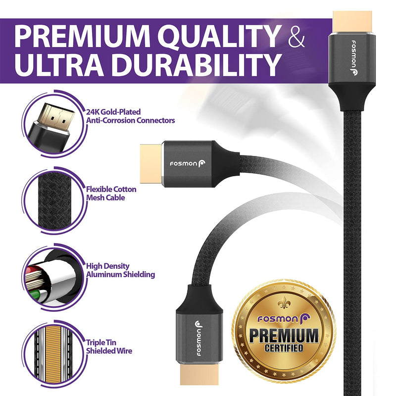 Fosmon HDMI 2.1 Cable 8K@60Hz 6.5ft, Premium Certified In-Wall CL3 Rated, 48Gbps Ultra High Speed, 4K@120Hz, Dynamic HDR, HDCP 2.3, 3D, eARC, 30AWG Cotton Braided Compatible with UHD TV Monitor & More 1 6.5 FT