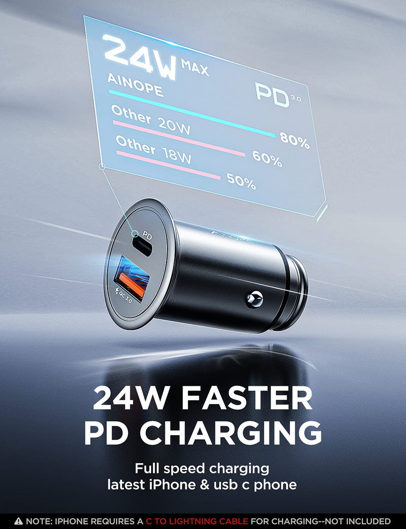 USB C Car Charger 42W Super Mini AINOPE All Metal Fast USB Car Charger PD&QC 3.0 Dual Port Car Adapter Compatible with iPhone 12/12 Pro/Max/12 Mini/iPhone 11/Pro/Max/XR/XS/Max/8, Galaxy S21/20/10/9 Black