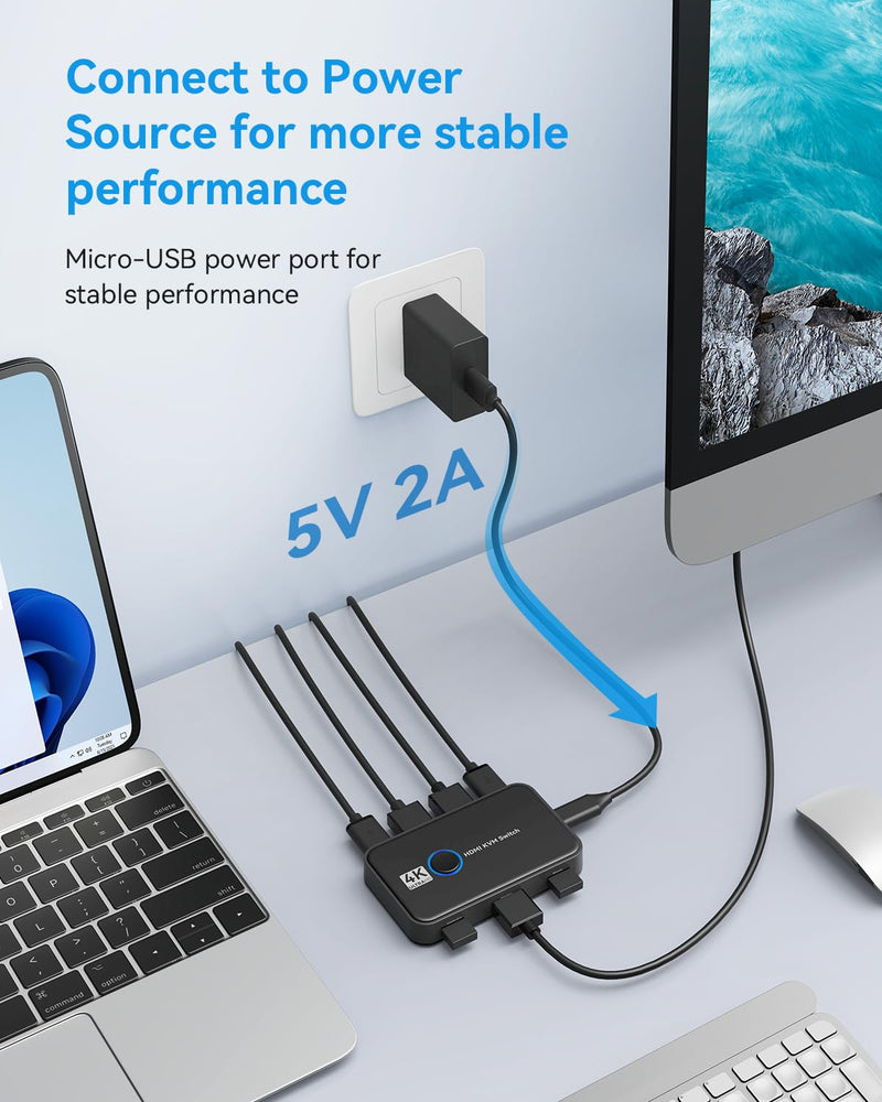 KVM Switch, Giimake KVM Switch HDMI,USB KVM Switch for 2 Computers Sharing One HD Monitor and Keyboard Mouse, Support 4K@60Hz,2 HDMI Cables and 2 USB Cables,1 USB C Charge Cable Included Black