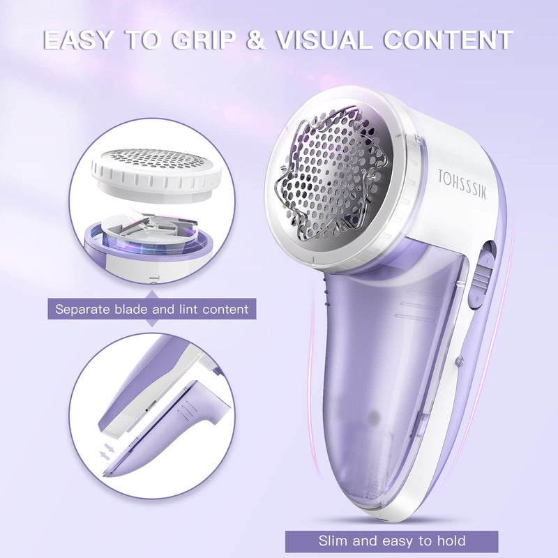 Fabric Shaver Electric Lint Remover Rechargeable Fuzz Lint Shaver with 3-Leaf Stainless Steel Blades, Professional Sweater Shaver Lint Fuzz Pill Remover for Cloths, Fabrics and Furniture Purple