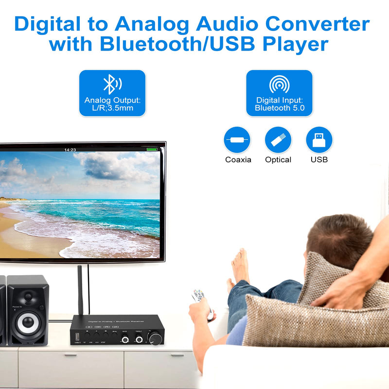 USB 192KHz DAC Digital to Analog Converter with Headphone Amplifier Built-in Bluetooth V5.0 Receiver Music Player Volume Adjustable Digital SPDIF TOSLINK to Stereo L/R & 3.5mm Jack normal