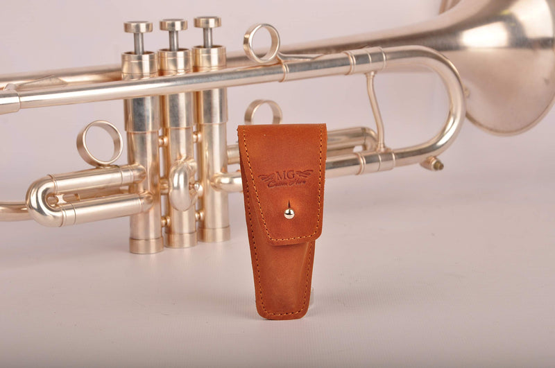 Trumpet valve Guard MG Leather Work, valve protector for lacquer, raw brass, silver finish (Pouch, Brown)