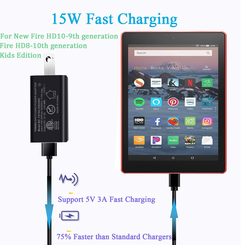 Kindle Fire 10-9th 11th Generation 15W Fast Charger with 10Ft Extra Long 5A USB C Cable Replacement for New Fire HD 10 HD 8 HD 8 10 Plus and Kids Pro Kids Edition 2019-2021Release