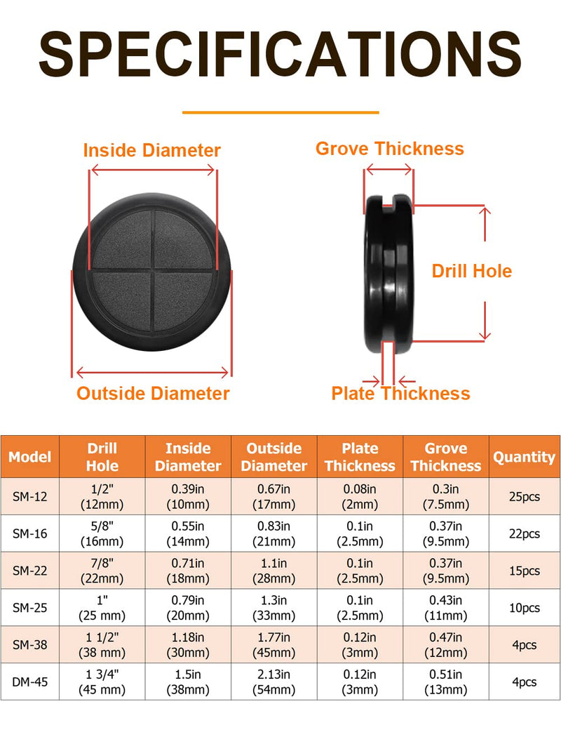 80 PCS Rubber Grommet 1-3/4"、1-1/2"、1"、7/8"、5/8"、1/2"Drill Hole, Firewall Hole Plug Set Electrical Wire Gasket Kit Rubber Gasket Kit，Firewall Plug Grommet, Round