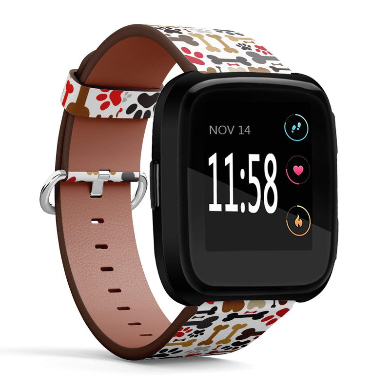 Replacement Leather Strap Printing Wristbands Compatible with Fitbit Versa - Cute Pattern of Dogs Paws and Bones