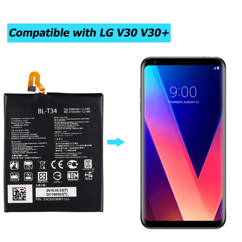 E-YIIVIIL BL-T34 Replacement Battery Compatible with LG V30 V30+ LG V35 ThinQ H930 H932 LS998 3300mAh with Toolkit