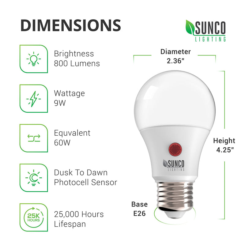 Sunco Lighting 6 Pack A19 LED Bulb with Dusk-to-Dawn, 9W=60W, 800 LM, 3000K Warm White, Auto On/Off Photocell Sensor - UL