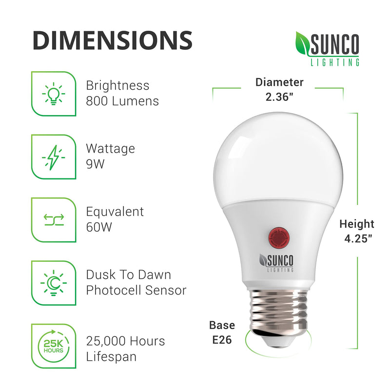 Sunco Lighting 2 Pack A19 LED Bulb with Dusk-to-Dawn, 9W=60W, 800 LM, 4000K Cool White, Auto On/Off Photocell Sensor - UL 4000K - Cool White