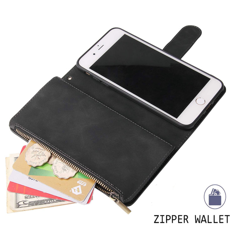 UEEBAI Wallet Case for iPhone SE 2020 iPhone 7 iPhone 8, Premium Vintage PU Leather Magnetic Closure Handbag Zipper Pocket Kickstand Card Holder Slots with Wrist Strap Shockproof Flip Case - Black