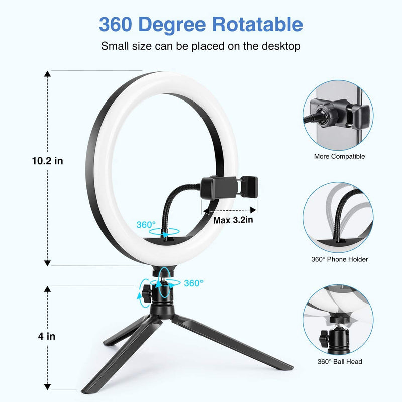 10" Selfie Ring Light with Tripod Stand & Cell Phone Holder, Dimmable Desktop LED Circle Light for Live Streaming/Makeup/YouTube, Video conferencing Compatible with iOS and Android Phones