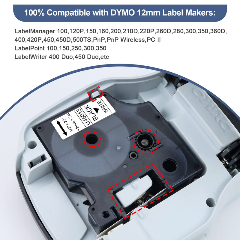 [AUSTRALIA] - Unismar Compatible with Dymo D1 Label Tape 45013 a45013 S0720530 for Dymo Label Maker Refill Replacement for Dymo LabelManager 160 210D 260P 280 360D 420P PnP, 1/2 inch x 23 Ft, Black on White, 6 Pack 