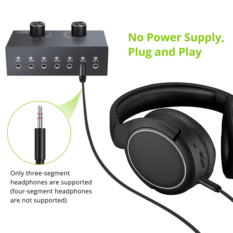 LiNKFOR 6 Ports 3.5mm Audio Switch Bidirectional 3.5mm Audio Switcher Support 1 in 6 Out or 6 in 1 Out with Volume Control No External Power for PC Phone Headphone Stereo Speaker CD Player